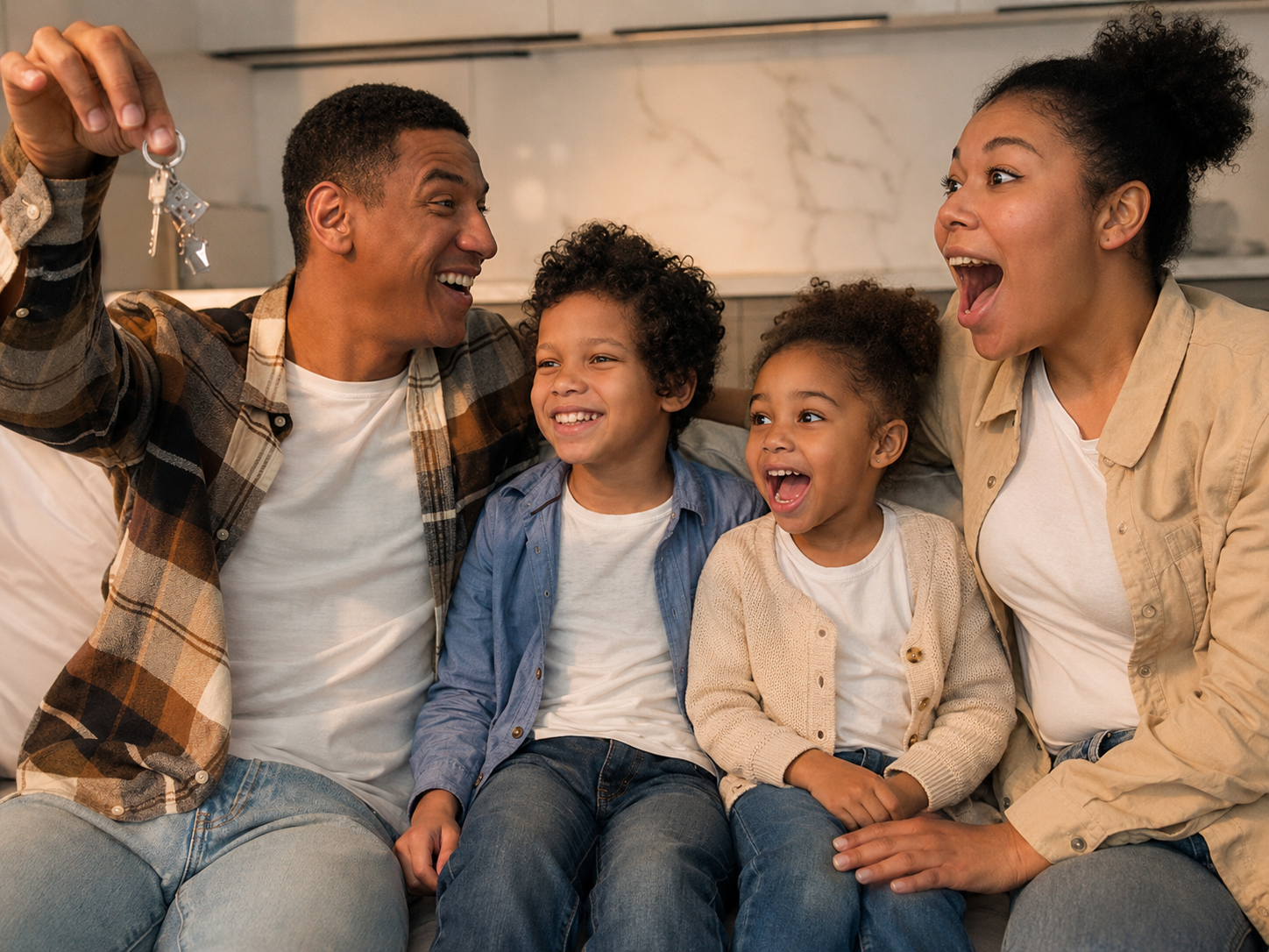 A family celebrating with the keys to their new home